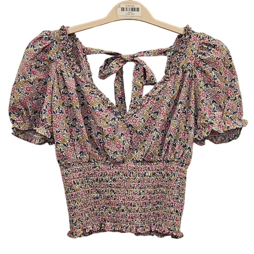 Milk & Honey Floral Puff Sleeve Smocked Crop Top Pink M Fairycore Romantic